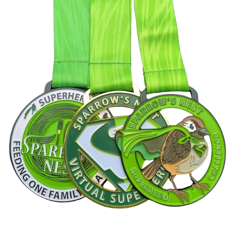 Custom superhero-themed medals for the Sparrow's Nest charity event, showcasing intricate design and vibrant colors.