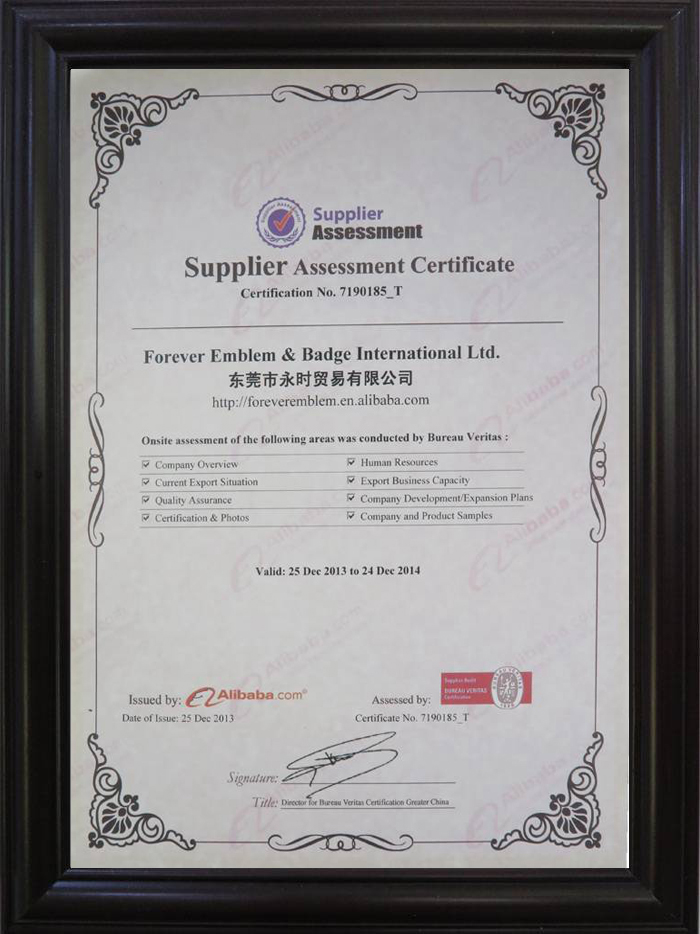 Supplier Assessment Certificate for our manufacturing facilities.
