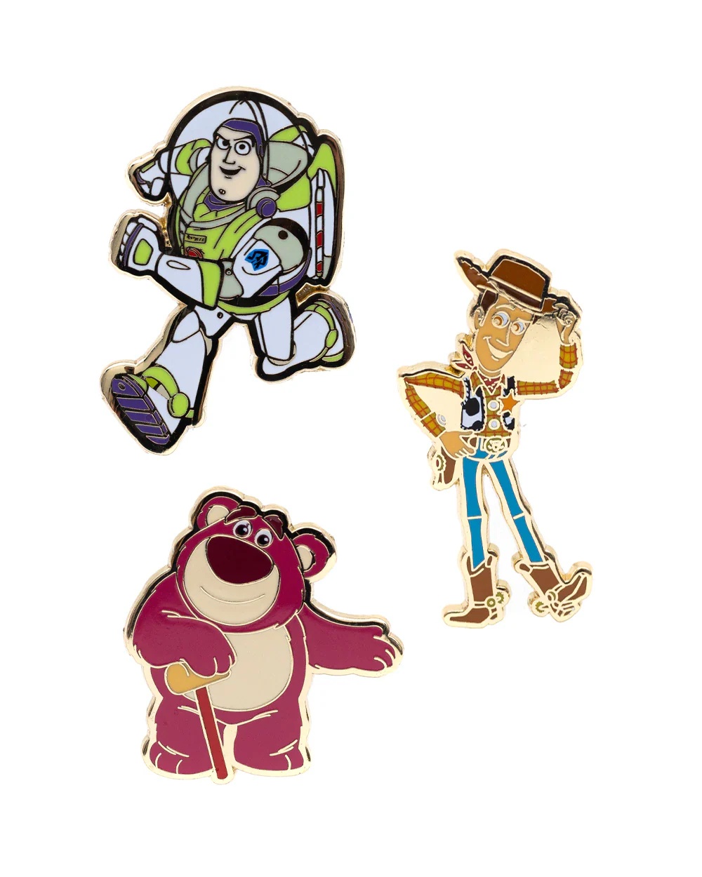A collection of Toy Story character enamel pins including Buzz Lightyear, Woody, and Lotso, illustrating the appeal of collectible IP merchandise.
