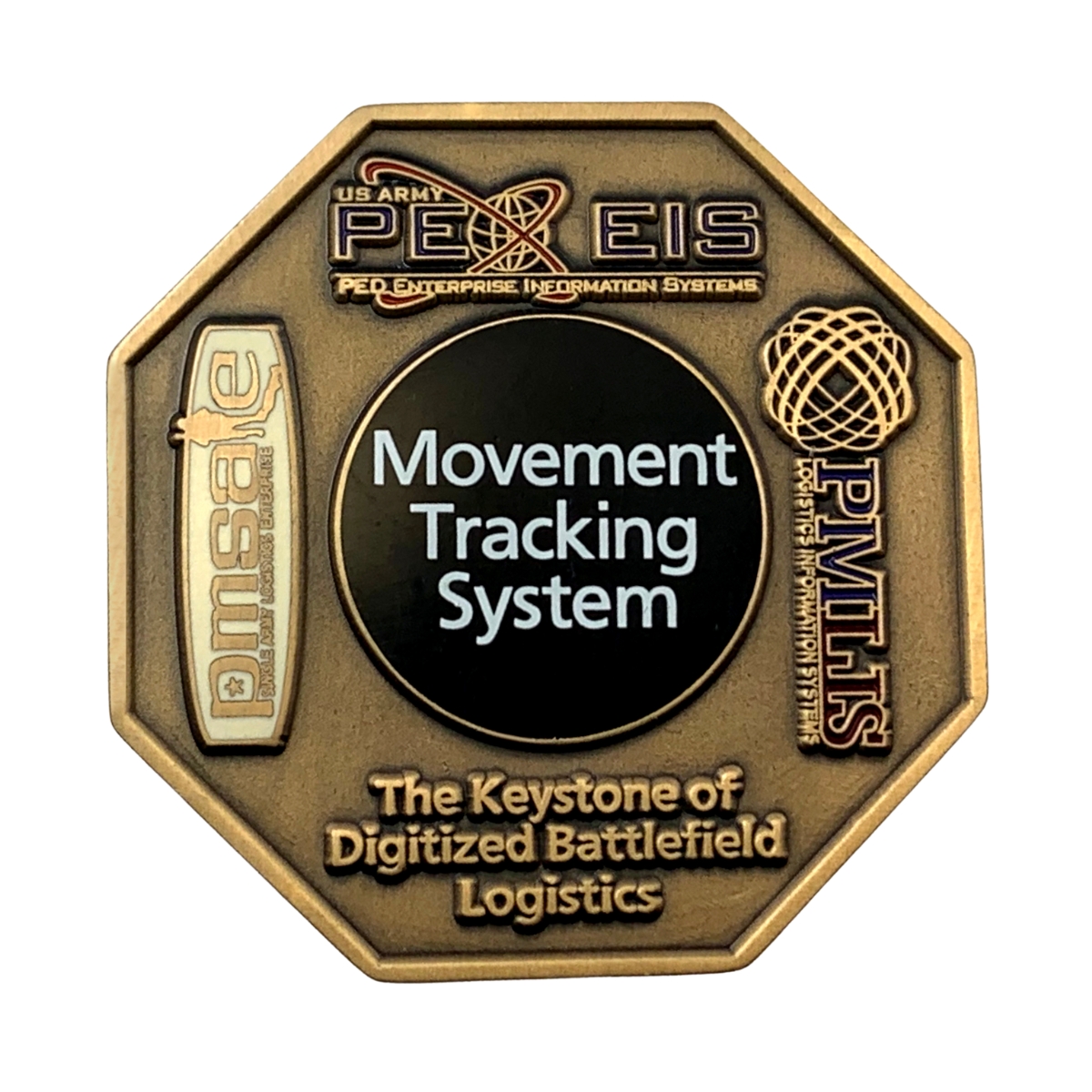 A hexagon-shaped coin for the US Army Movement Tracking System.