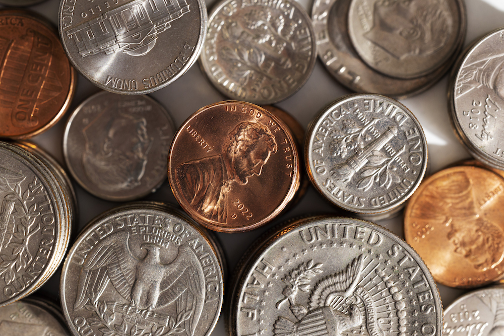 A variety of US coins showcasing different designs and denominations.