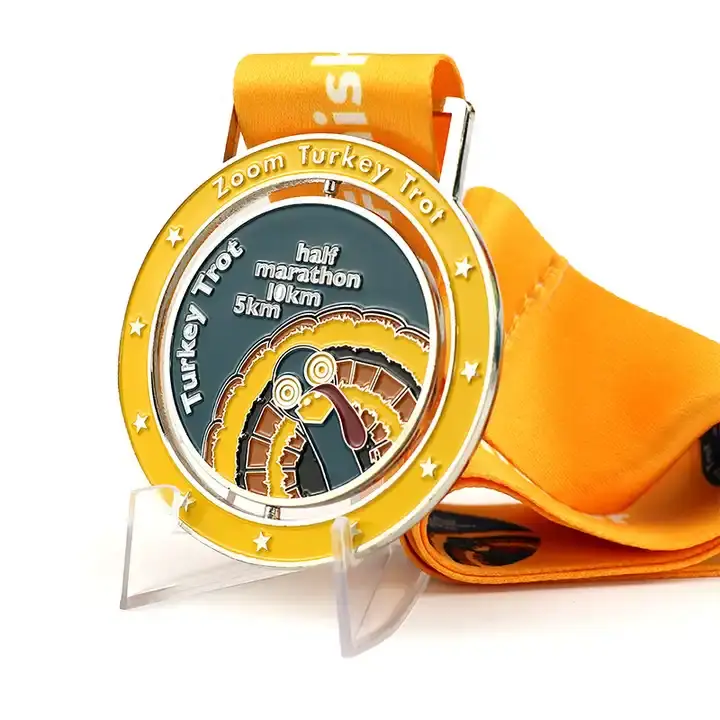 A custom gold medal for the Zoom Turkey Trot running event
